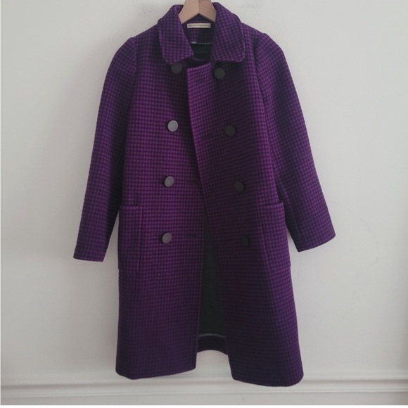 Balenciaga Purple & Black Check 100% Virgin Wool Pea Coat - Picture 1 of 11